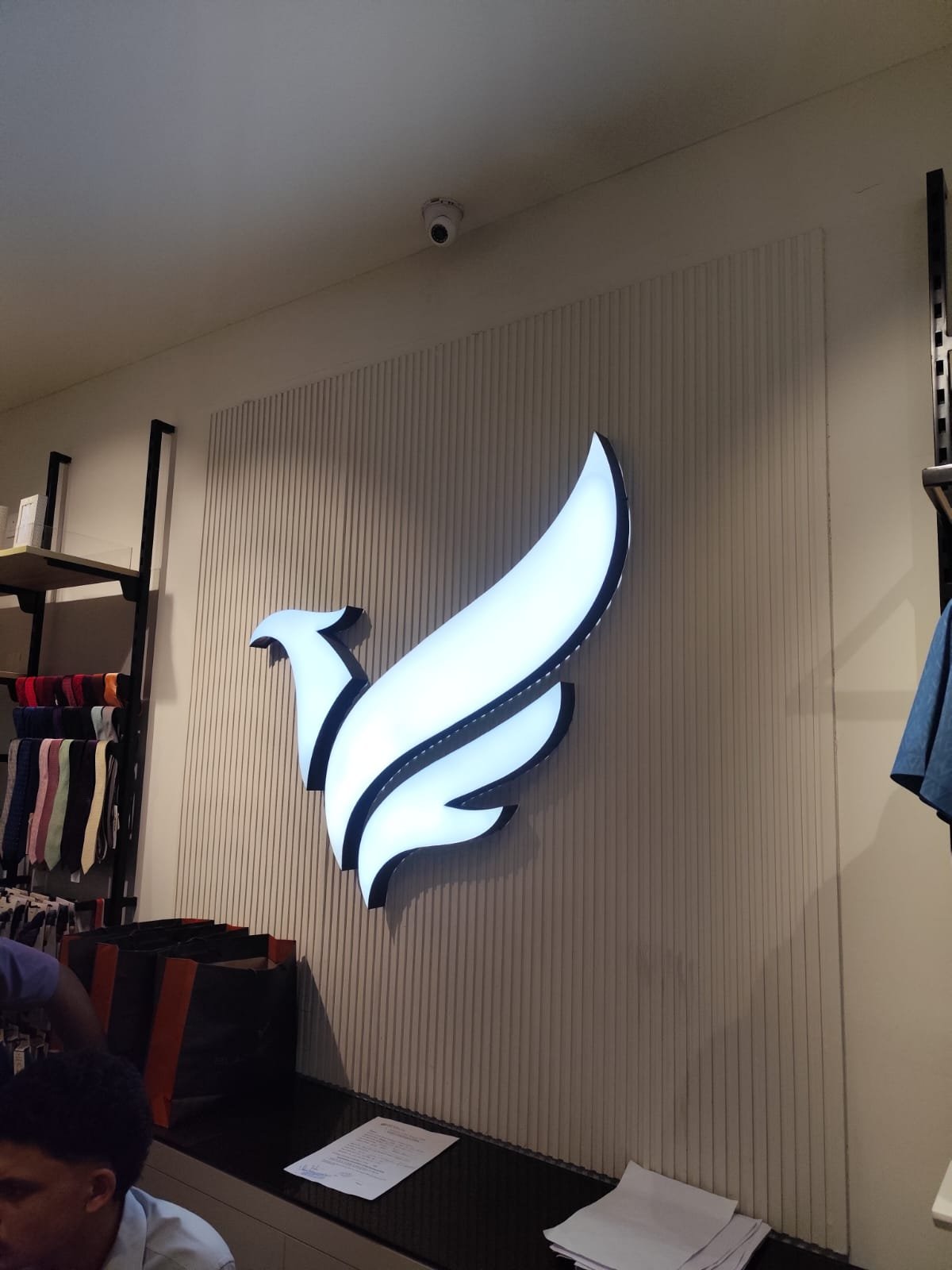 Custom illuminated bird logo installed in a retail store